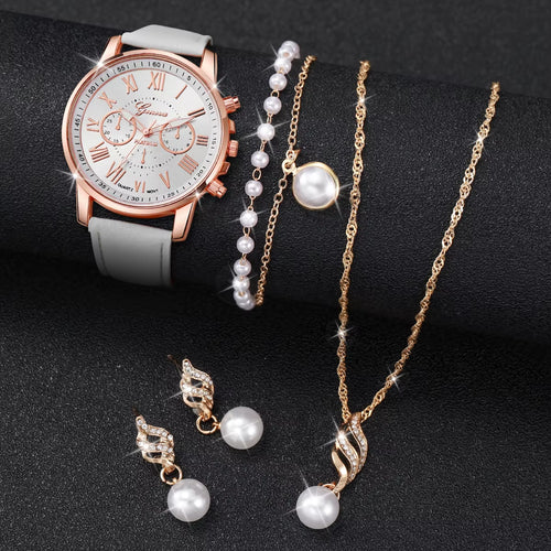 3/5PCS Women'S Watch Fashion Roma Dial Leather Band Quartz Watches Pearls Jewelry Set(Without Box)