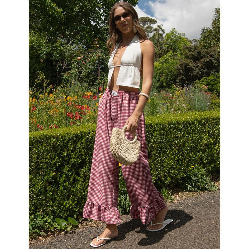 【SS26 Collection】Tarse Women’S Plaid Ruffle Palazzo Pants Flared Leg Baggy Drawstring Wide Leg Pants with Pockets Beach Travel Vacation Boho Bottoms