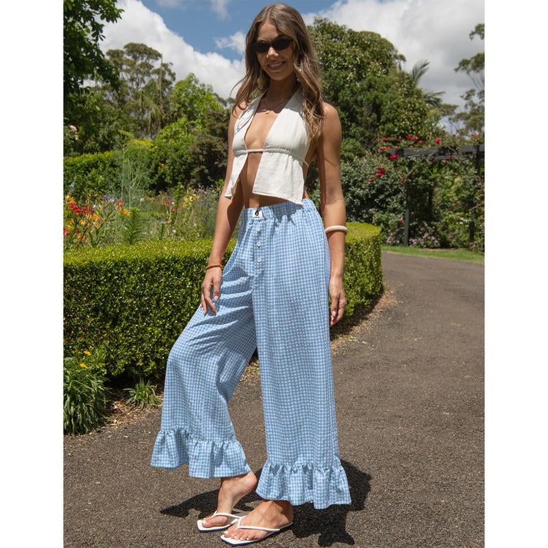 【SS26 Collection】Tarse Women’S Plaid Ruffle Palazzo Pants Flared Leg Baggy Drawstring Wide Leg Pants with Pockets Beach Travel Vacation Boho Bottoms