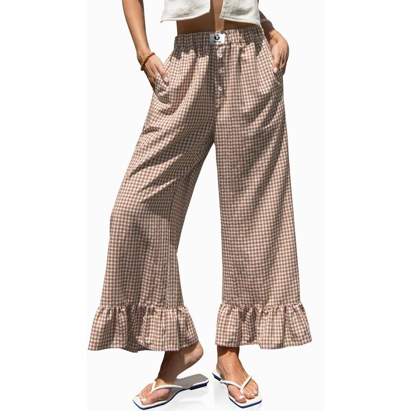 【SS26 Collection】Tarse Women’S Plaid Ruffle Palazzo Pants Flared Leg Baggy Drawstring Wide Leg Pants with Pockets Beach Travel Vacation Boho Bottoms