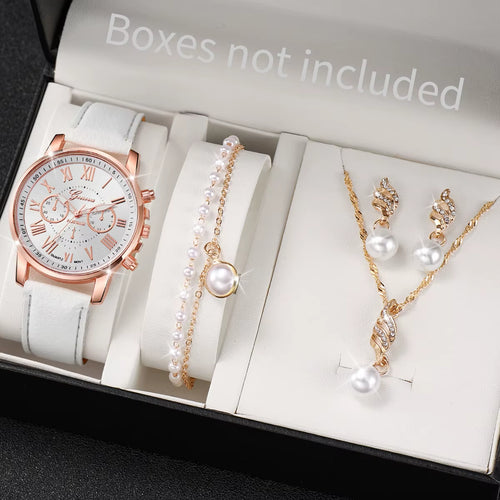 3/5PCS Women'S Watch Fashion Roma Dial Leather Band Quartz Watches Pearls Jewelry Set(Without Box)