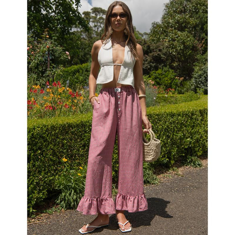 【SS26 Collection】Tarse Women’S Plaid Ruffle Palazzo Pants Flared Leg Baggy Drawstring Wide Leg Pants with Pockets Beach Travel Vacation Boho Bottoms