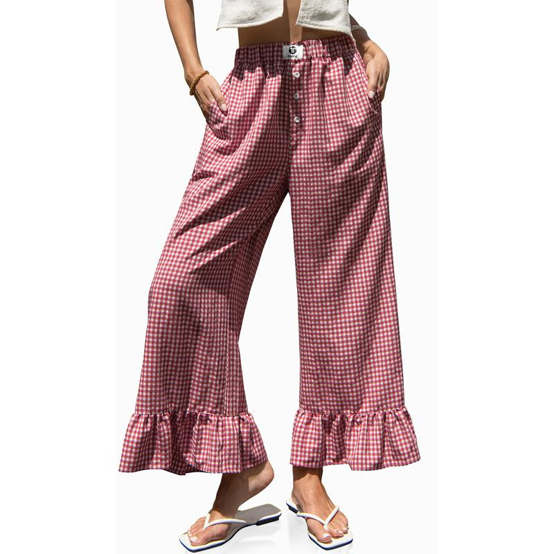 【SS26 Collection】Tarse Women’S Plaid Ruffle Palazzo Pants Flared Leg Baggy Drawstring Wide Leg Pants with Pockets Beach Travel Vacation Boho Bottoms