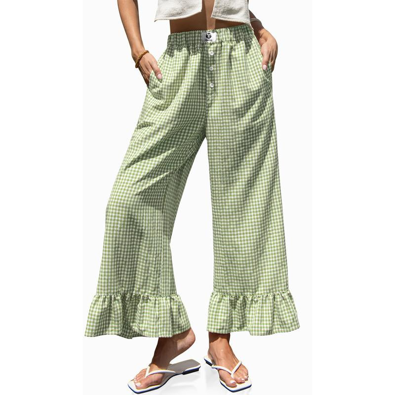 【SS26 Collection】Tarse Women’S Plaid Ruffle Palazzo Pants Flared Leg Baggy Drawstring Wide Leg Pants with Pockets Beach Travel Vacation Boho Bottoms