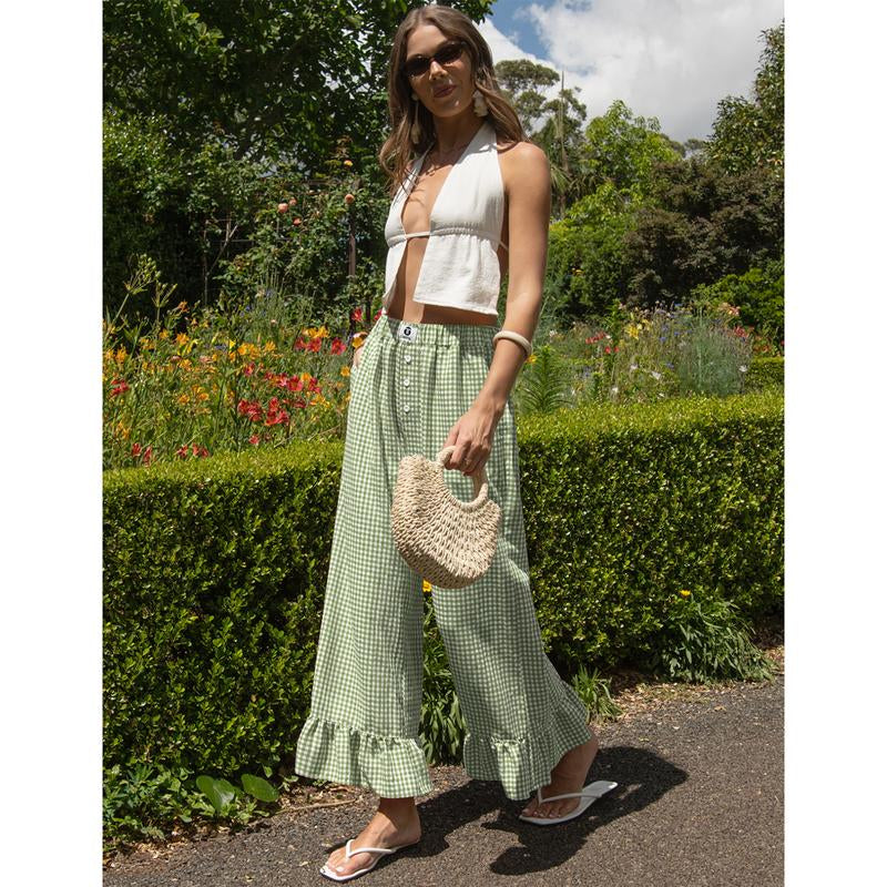 【SS26 Collection】Tarse Women’S Plaid Ruffle Palazzo Pants Flared Leg Baggy Drawstring Wide Leg Pants with Pockets Beach Travel Vacation Boho Bottoms