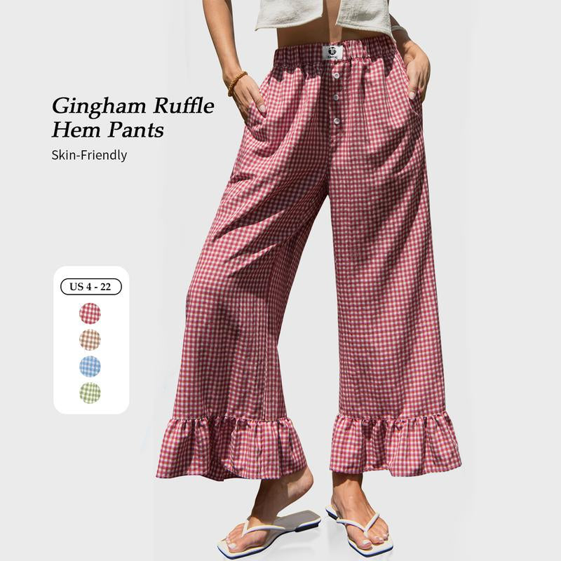 【SS26 Collection】Tarse Women’S Plaid Ruffle Palazzo Pants Flared Leg Baggy Drawstring Wide Leg Pants with Pockets Beach Travel Vacation Boho Bottoms