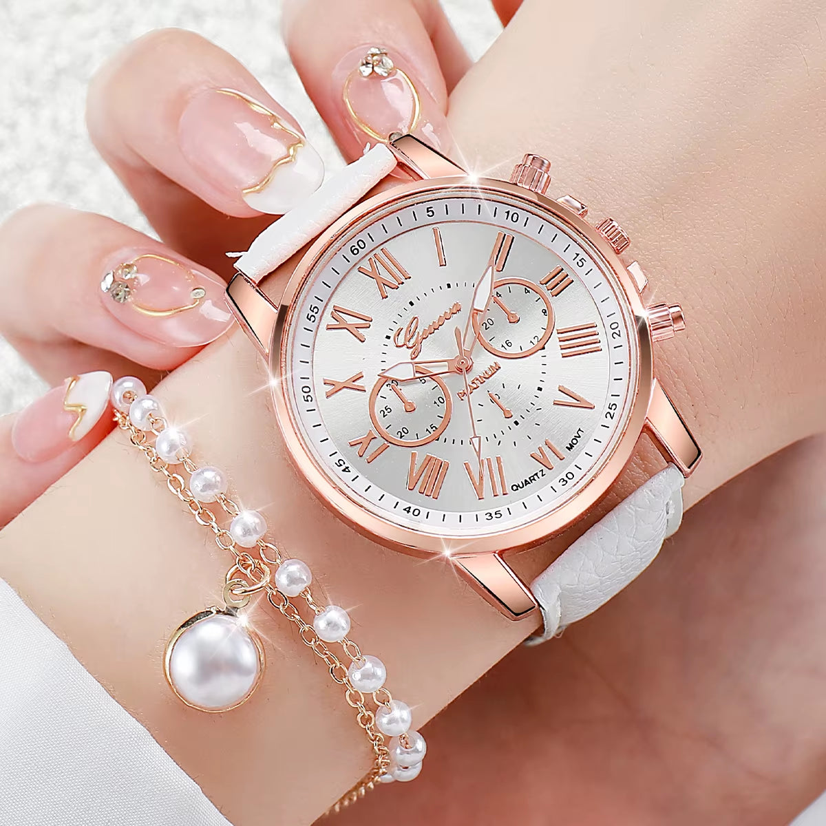 3/5PCS Women'S Watch Fashion Roma Dial Leather Band Quartz Watches Pearls Jewelry Set(Without Box)