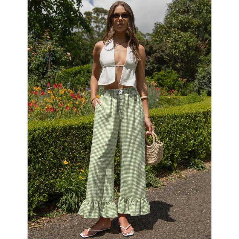 【SS26 Collection】Tarse Women’S Plaid Ruffle Palazzo Pants Flared Leg Baggy Drawstring Wide Leg Pants with Pockets Beach Travel Vacation Boho Bottoms