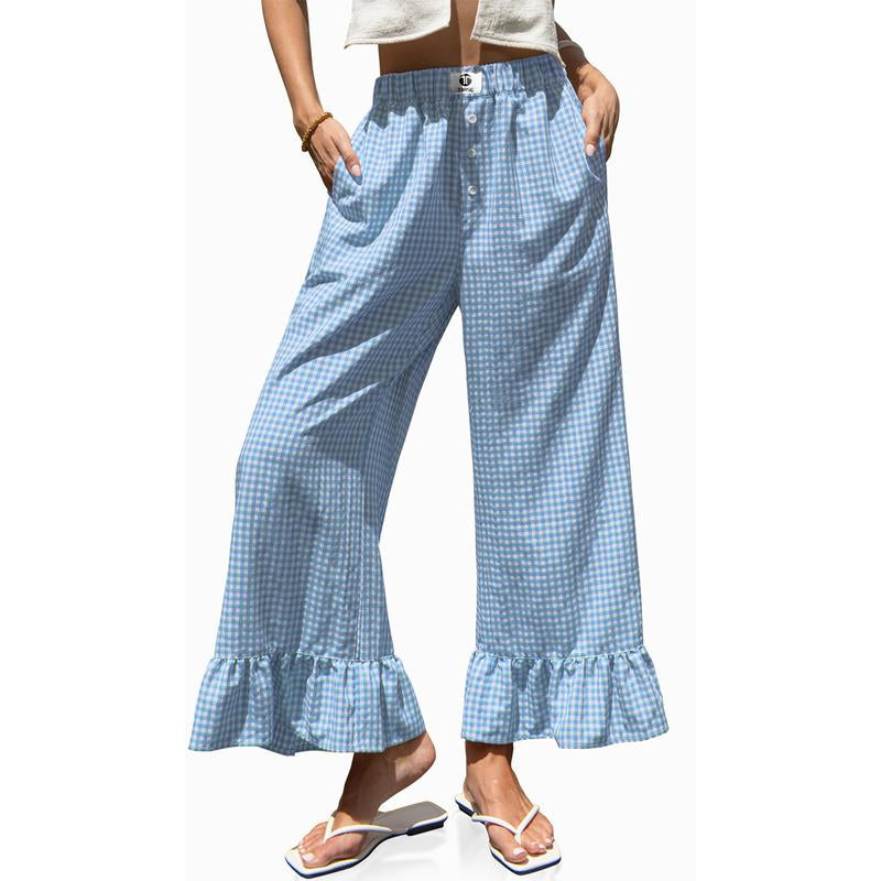 【SS26 Collection】Tarse Women’S Plaid Ruffle Palazzo Pants Flared Leg Baggy Drawstring Wide Leg Pants with Pockets Beach Travel Vacation Boho Bottoms