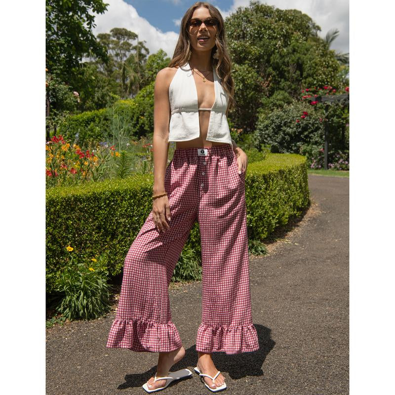 【SS26 Collection】Tarse Women’S Plaid Ruffle Palazzo Pants Flared Leg Baggy Drawstring Wide Leg Pants with Pockets Beach Travel Vacation Boho Bottoms